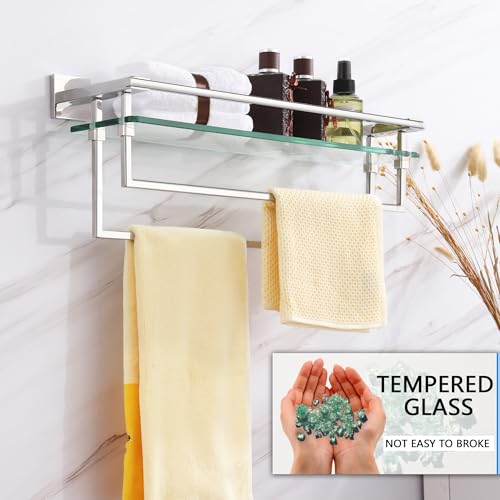 LANC Bathroom Shelf with Towel Bars - 20-Inch Silver Floating Tempered Glass Shelves with 2 Rails for Bathroom Kitchen Accessories Organizer Glass Rack Wall Mount Stainless Steel Chrome, A7617CP - color: Chrome Polished