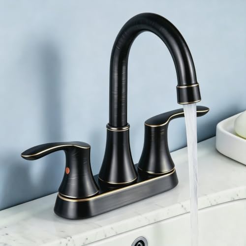 Friho 4 Inch Centerset Bathroom Faucet Oil Rubbed Bronze, 3 Hole Lead-Free 2-Handle RV Commercial Vanity Faucet with Drain Stopper & Supply Hoses - color: Oil Rubbed Bronze