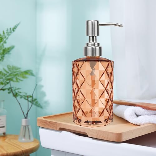 12Oz Amber Glass Soap Dispenser, Liquid Hand Bottle, Stainless Steel Pump | Refillable Clear Kitchen Soap Dispenser with Diamond Design, for Hand soap, Dish Soap, Lotion, Bathroom, Countertop, Hotel - color: Amber Diamond
