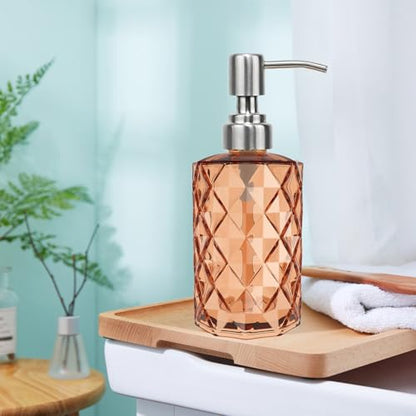 12Oz Amber Glass Soap Dispenser, Liquid Hand Bottle, Stainless Steel Pump | Refillable Clear Kitchen Soap Dispenser with Diamond Design, for Hand soap, Dish Soap, Lotion, Bathroom, Countertop, Hotel - color: Amber Diamond