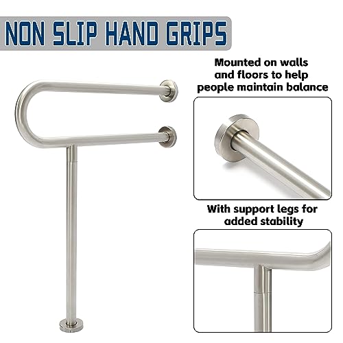 HECASA 24x30 Inch Handicap Grab Bars Rails 304 Stainless Steel Toilet Handrail Bathroom Safety Bar Wall Mount Floor Support Assist Bar for Disabled Elderly Mounted Bath Grips
