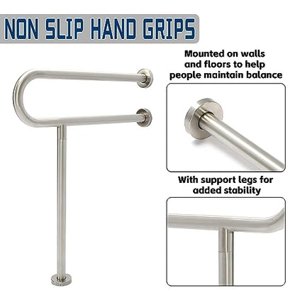 HECASA 24x30 Inch Handicap Grab Bars Rails 304 Stainless Steel Toilet Handrail Bathroom Safety Bar Wall Mount Floor Support Assist Bar for Disabled Elderly Mounted Bath Grips