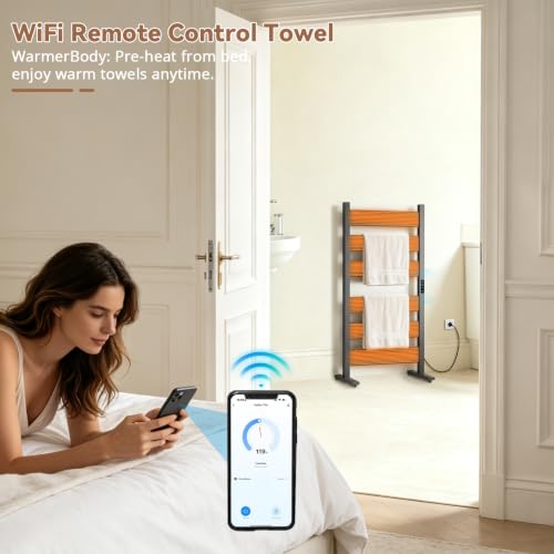 WiFi Towel Warmers for Bathroom, 6 Flat Bars Heated Towel Rack, Black | Smart App Control, Freestanding & Wall Mounted, Child Safety Lock, 1-24H Timer & Multi-Level Temp, Large Heating Surface