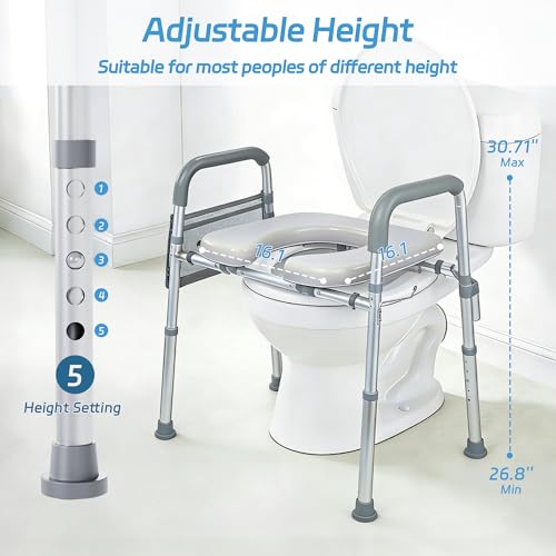 Raised Toilet Seat with Handles, 400lb, Adjustable Height & Width | Padded Comfort,Rust-Proof Aluminum,Non-Slip Feet, Height/Width Adjustable, Fit Any Toilets. Tool-Free Install, For Seniors