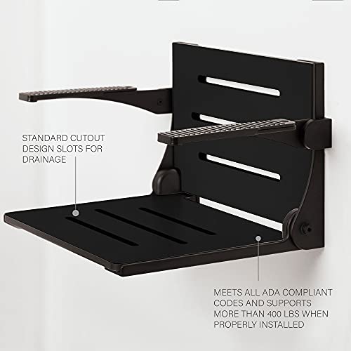 Seachrome Silhouette Comfort Folding Wall Mount Shower Bench Seat with Arms, Black Seat with Matte Black Frame - color: Black Seat With Matte Black Frame and White Arm Pads