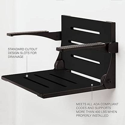 Seachrome Silhouette Comfort Folding Wall Mount Shower Bench Seat with Arms, Black Seat with Matte Black Frame - color: Black Seat With Matte Black Frame and White Arm Pads