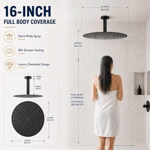 16 Inch Rainfall Shower Head, BSTIIU Stainless Steel Round Shower Head, Extra Large Ceiling Mount Shower Head, Matte Black - color: Matte Black, size: 16-Inches, style: Round