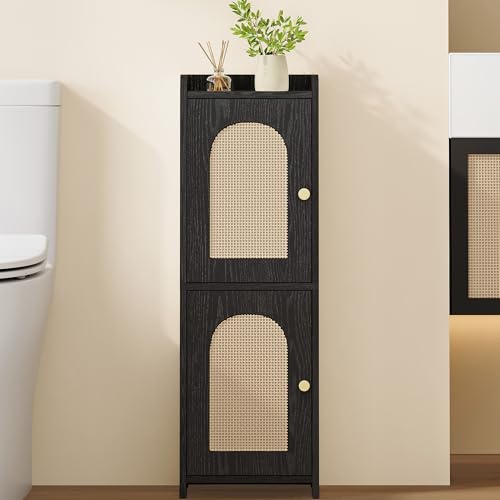 Hzuaneri Bathroom Storage Cabinet, Small Corner Floor Cabinet with 2 Doors | Narrow Toilet Paper Cabinets with Adjustable Shelf, Bathroom Organizer for Small Spaces, 7.9"D x 9.8"W x 29.5"H Rattan Black - color: Rattan Black, size: 7.9"D x 9.8"W x 29.5"H