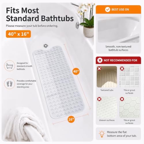 Yimobra Non Slip Bathtub Mat 40 x 16 Inch, Extra Long Shower Mat with Drain Holes, Machine Washable Baby Bath Mats, Strong Suction Cups for Bathroom Floor, Clear - color: Clear