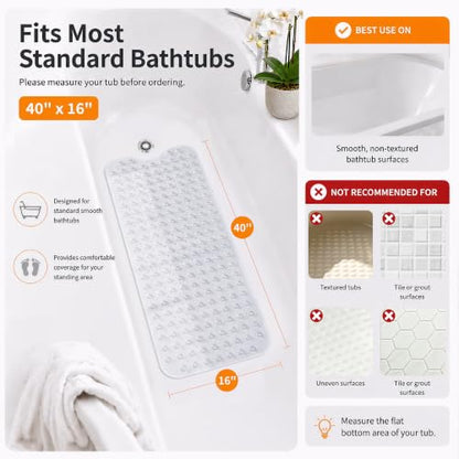 Yimobra Non Slip Bathtub Mat 40 x 16 Inch, Extra Long Shower Mat with Drain Holes, Machine Washable Baby Bath Mats, Strong Suction Cups for Bathroom Floor, Clear - color: Clear