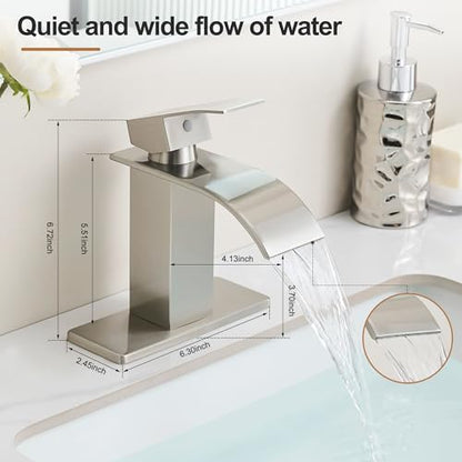 Waterfall Bathroom Faucet, Single Handle Brushed Nickel Sink Faucet 1 Hole or 3 Hole for Lavatory, Washbasin, Vanity, Commercial, with Deck, Pop-up Drain and Supply Hoses - color: Brushed Nickel