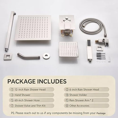Dual Rainfall Shower Head System Brushed Nickel, 3-Function Push Button Shower Faucet Set with 12" Wall Mount Rain shower head and 6" Wall Mount Shower Head, Pressure Balance Rough-in Valve - color: Brushed Nickel, style: Wall Mount