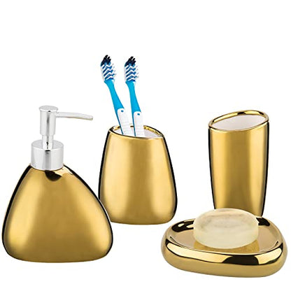 MyGift 4 Pcs Gold Bathroom Accessories Set with Toothbrush Holder, Soap Dispenser, Tumbler and Soap Dish, Bathroom Organizer Accessory for Modern Home Decor, Complete Ceramic