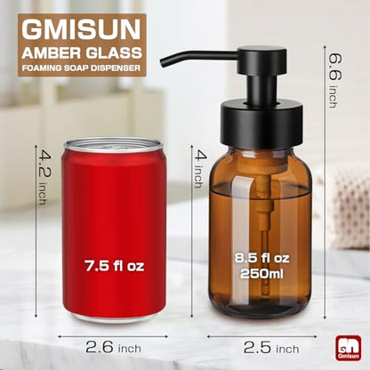 GMISUN Foaming Soap Dispenser, 8.5 fl oz / 250ml Amber Glass Foam Soap Dispenser for Bathroom & Kitchen, 2 Pack Modern Refillable Foaming Hand Soap Dispensers, Foam Pump Bottle with Waterproof Labels - color: Amber Bottle, size: 8.5 Fl oz without Silicone