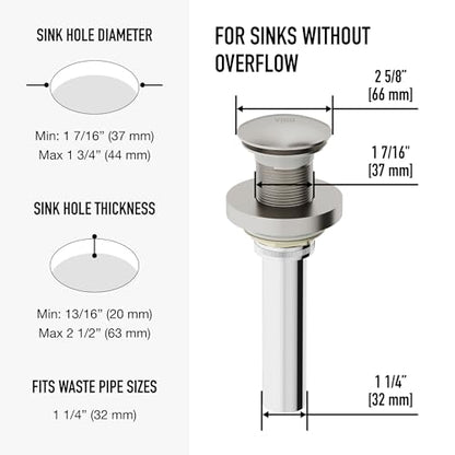 Vigo Bathroom Sink Pop Up Drain Without Overflow, Brushed Nickel Drain Stopper with ClogFree QuickDrain Technology & Matching Mounting Ring - color: Brushed Nickel