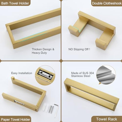 Lairuier Brushed Gold Bathroom Hardware Accessories, 4PCS Towel Bar Set | Including Towel Bar, Towel Holder, Toilet Paper Holder, Towel Hook, SUS304 Stainless Steel Bathroom Towel Holder Hardware Set - color: Brushed Gold, size: Set B