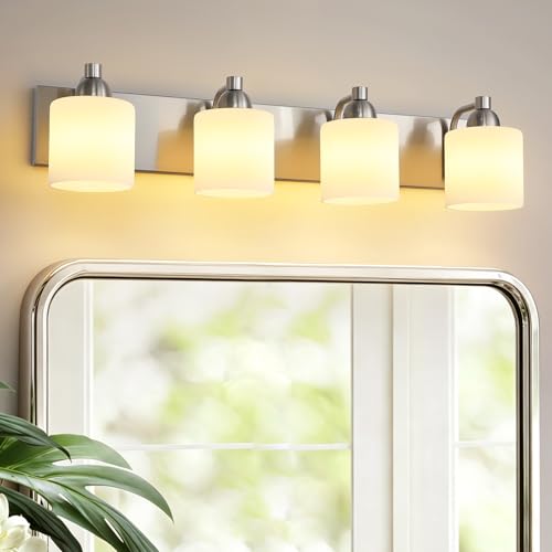 Mecgirn Stainless Steel Milk Glass Bathroom Vanity Light Over Mirror, 4 Light Brushed Nickel Bathroom Light Fixtures with Frosted Glass, Modern Vanity Lighting Wall Mount - color: Brushed Nickel, size: 4 Light