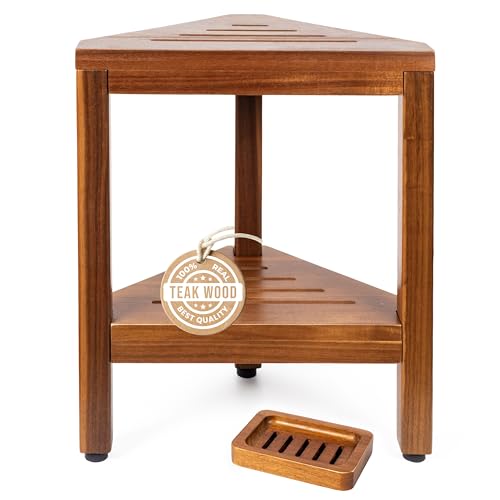 Teak Corner Shower Bench with Matching Soap Holder - Sturdy Waterproof Bathroom Stool Chair with Storage Shelf for Bathing Supplies - Bath Seat and Foot Rest for Shaving Legs - 15" x 15" x 18"