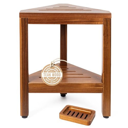 Teak Corner Shower Bench with Matching Soap Holder - Sturdy Waterproof Bathroom Stool Chair with Storage Shelf for Bathing Supplies - Bath Seat and Foot Rest for Shaving Legs - 15" x 15" x 18"