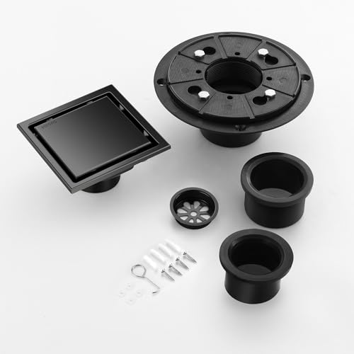 Hidden Brushed Square Shower Floor Drain, Black 4 inch, 304 Stainless Steel, with Flange, Detachable Cover Embedded in Ceramic Tiles - color: Hidden Black, size: 4 inch