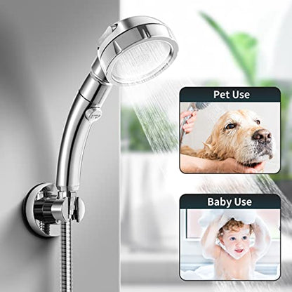 Marbrasse 3-Settings Handheld High Pressure Showerhead with ON/Off Full Shutoff Push Button,Water-saving Camping Shower with Adjustable Angle(Vacuum Suction Shower Head Holder+5 Feet Shower Hose) - color: Shower Head with Bracket