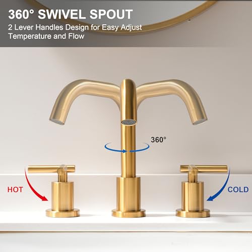Brushed Gold Bathroom Faucet for Sink 3 Hole, 8 inch Widespread Bathroom Faucets | Brass Gold Vanity Faucets with 360° Swivel Spout 2 Handle Gold Sink Faucet with Drain & Supply Hoses - color: Brushed Gold