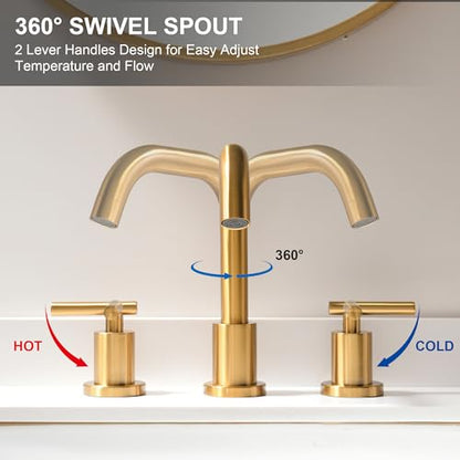 Brushed Gold Bathroom Faucet for Sink 3 Hole, 8 inch Widespread Bathroom Faucets | Brass Gold Vanity Faucets with 360° Swivel Spout 2 Handle Gold Sink Faucet with Drain & Supply Hoses - color: Brushed Gold
