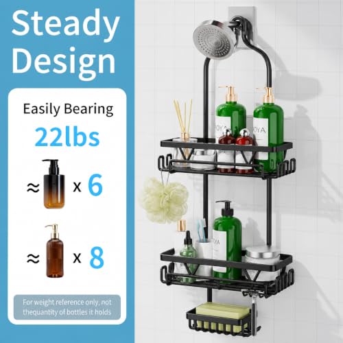 DAOYA Shower Caddy Hanging, Anti-Swing Over Head Shower Caddy, Rustproof Bathroom Organizer with Soap Holder & Hooks - color: Black, size: L