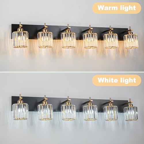 6-Light Crystal Bathroom Vanity Light, Modern Black Gold Bathroom Light Fixtures Over Mirror Crystal Wall Lighting with Polished Gold Finish - color: Black Gold-Round Shade, size: 6-Light