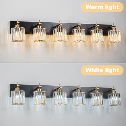 6-Light Crystal Bathroom Vanity Light, Modern Black Gold Bathroom Light Fixtures Over Mirror Crystal Wall Lighting with Polished Gold Finish - color: Black Gold-Round Shade, size: 6-Light