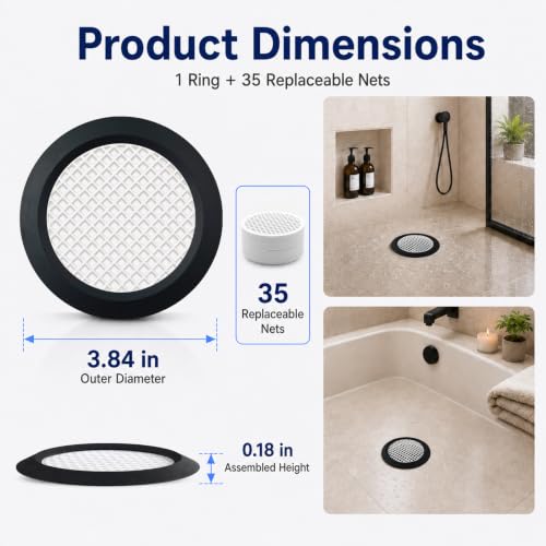 35 Pack Disposable Shower Drain Hair Catcher with Weighted Silicone Ring | Adhesive-free 3.84 in mesh nets for flat shower, tub and floor drains, designed to help hold the cover securely in place.
