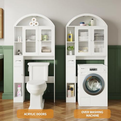 Over The Toilet Storage,Arched Wooden Over The Toilet Storage Organizer with Double Doors,Multiple Compartments and Open Shelves,Anti-tip Device,Space Saving (Toilet cabinet-white-01)
