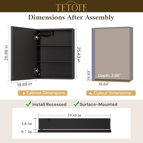 TETOTE 20 x 26 Lighted Bathroom Medicine Cabinet with Adjustable Shelves, Black Aluminum Cabinet, Anti-Fog Stepless Dimmable 3 Colors White/Warm/Natural, Easy to Install(Wall Mount/Recessed) - color: Black, size: 26"L x 20"W