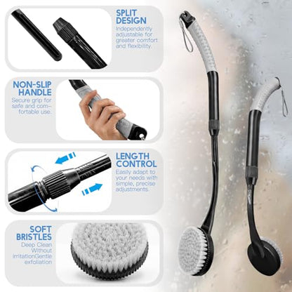 Back Scrubber for Shower, Long Handle Bath Brush with Soft Bristles, Adjustable Shower Brush for Body Exfoliating & Dry Brushing, Non-Slip Ergonomic Handle, Removable Head for Men & Women