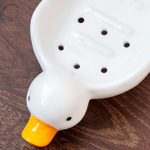 Cute Ceramic Soap Dish Self Draining Adorable Duck Shaped Kitchen Sink Soap Organizer for Bathroom Quick Drying Soap Holders - color: White Duck-1