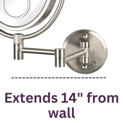 JERDON Hardwired Wall-Mount Makeup Mirror - 10X/15X - Nickel - HL9515NLD | Two-Sided 8" x 10" Oval Frame, 14" Wall Arm, LED, Direct Wire - color: Nickel Direct Wire