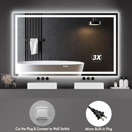 IDEALHOUSE 60"x 36" LED Bathroom Mirror with Lights - Dimmable Dual Lighting (Front & Backlit) Vanity Mirror, Anti-Fog & Shatterproof, 3X Magnification, Rectangular Wall Mount - size: 60"L x 36"W