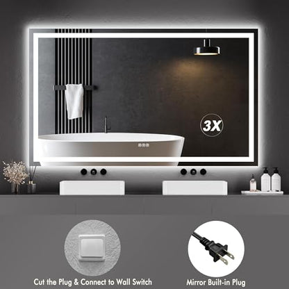 IDEALHOUSE 60"x 36" LED Bathroom Mirror with Lights - Dimmable Dual Lighting (Front & Backlit) Vanity Mirror, Anti-Fog & Shatterproof, 3X Magnification, Rectangular Wall Mount - size: 60"L x 36"W