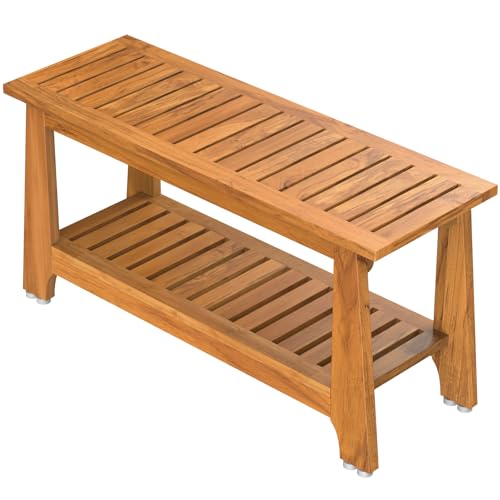 NNN 36" Commercial Heavy Duty Teak Shower Bench, Patented, Non-Slip Stable | with 8 Japan-Made Non-Slip Leveling Feet, Mortise-Tenon Legs 350lb, Pre-Oiled European Teak Oil, Marine-Grade Hardware - size: 36.2"W x 14" Dx 18"H