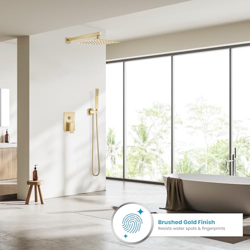 gotonovo Rainfall Bathroom Shower System Rain Shower Head and Handle Set Wall Mounted Shower Complete Combo Solid Brass Pressure Balancing Shower Mixer Valve 12 Inch Brushed Gold - color: Brushed Gold, size: 12 Inch