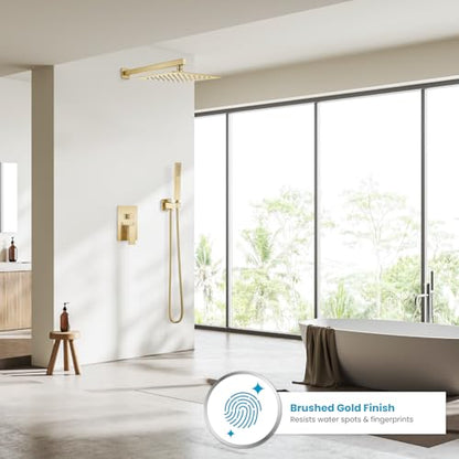 gotonovo Rainfall Bathroom Shower System Rain Shower Head and Handle Set Wall Mounted Shower Complete Combo Solid Brass Pressure Balancing Shower Mixer Valve 12 Inch Brushed Gold - color: Brushed Gold, size: 12 Inch