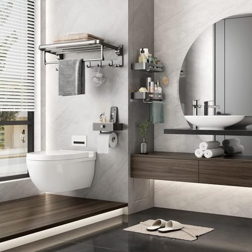 Mustorn Bathroom Towel Rack with Towel Bar and Hooks 23.6 in Foldable Towel Shelf Wall Mounted Lavatory Towel Organizer Modern Gray Finish - color: Matte Gray