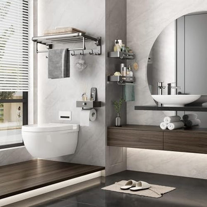 Mustorn Bathroom Towel Rack with Towel Bar and Hooks 23.6 in Foldable Towel Shelf Wall Mounted Lavatory Towel Organizer Modern Gray Finish - color: Matte Gray