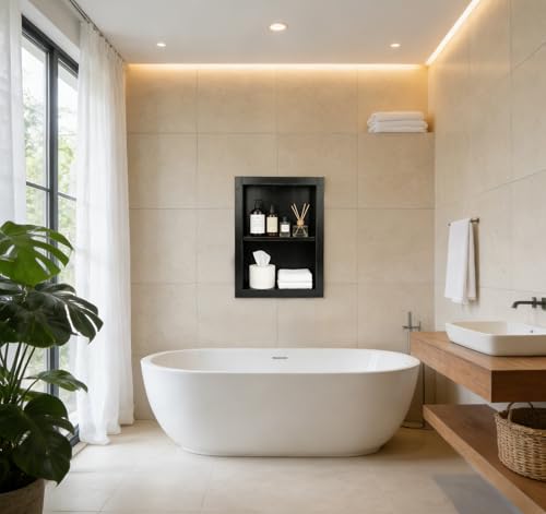 14''x18''Shower Niche, Wood Recessed Wall Niche Medicine Cabinets 2-Tier | Bathroom Niche Wooden Shower Niche Black Niche Cabinets for Living Room Bathroom Storage - size: 2-Tier
