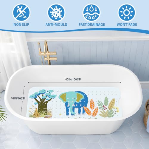 Baby Bath Mat for Tub Non Slip Kids, BPA Free Extra Long Bathtub Mat 40x16 with Drain Holes and 200 Suction Cups, Non Toxic Machine Washable Toddler Bath Mat, Eco-Friendly Certified - color: Light Blue Elephant