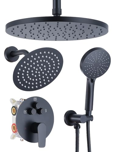 Woindo Shower Faucet Set 10" Rain Shower Head/8'' Side Shower Head and 3 Setting Handheld Ceiling Mount 3 Push Button Diverter Complete Rainfall Round Shower System Included Valve Trim Kit - color: Matte Black, style: 10"-R-Ceiling-02