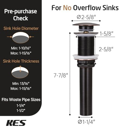 KES Bathroom Sink Drain Without Overflow Vessel Sink Lavatory Vanity Pop Up Drain Stopper Oil Rubbed Bronze, All Metal Rustproof Brass and 304 Stainless Steel, for 1.6"-1.9" Sink Hole, S2008D-ORB - color: Oil Rubbed Bronze, style: NO Overflow, 1 Pack