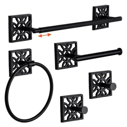 Autumn Alley 5 PC Matte Black Modern Bathroom Accessories Set, Wall Mounted - Towel Rack, Hand Towel Ring, Industrial Toilet Paper Holder, and 2 Towel Robe Hook for Bathroom Hardware Set - color: Black