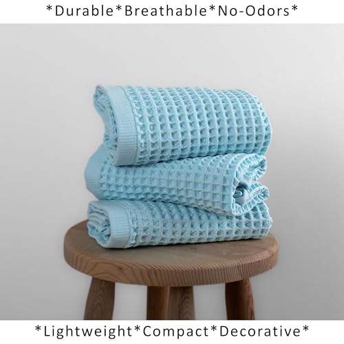 PÜSKÜL Natural 100% Turkish Cotton Waffle Kitchen and Hand Towels, 3-Piece | Turquoise, 32x16" Large, Premium 3D Honeycomb Weave Soft Absorbent Quick-Dry Lint-Free Dish Towel, Oeko-Tex Made in Turkey - color: Turquoise, size: Kitchen & Hand Towels Pack of
