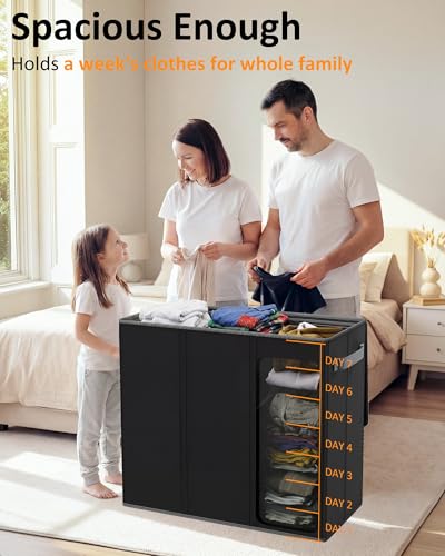 Optish 180L Laundry Hamper 3 Section, Large Laundry Hamper with Lid, Dirty Clothes Hampers with 3 Inner Bags, Laundry Basket Organizer for Laundry, Bedroom, Bathroom, Hamper 3 Compartment, Black - color: Black